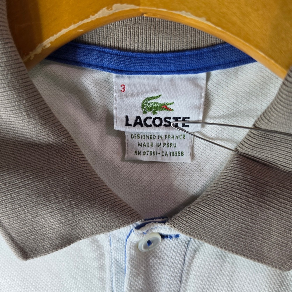 Lacoste Polo Shirt Mens 3 S Colorblock Big Logo Pique Short Sleeve White Blue - Picture 2 of 7
